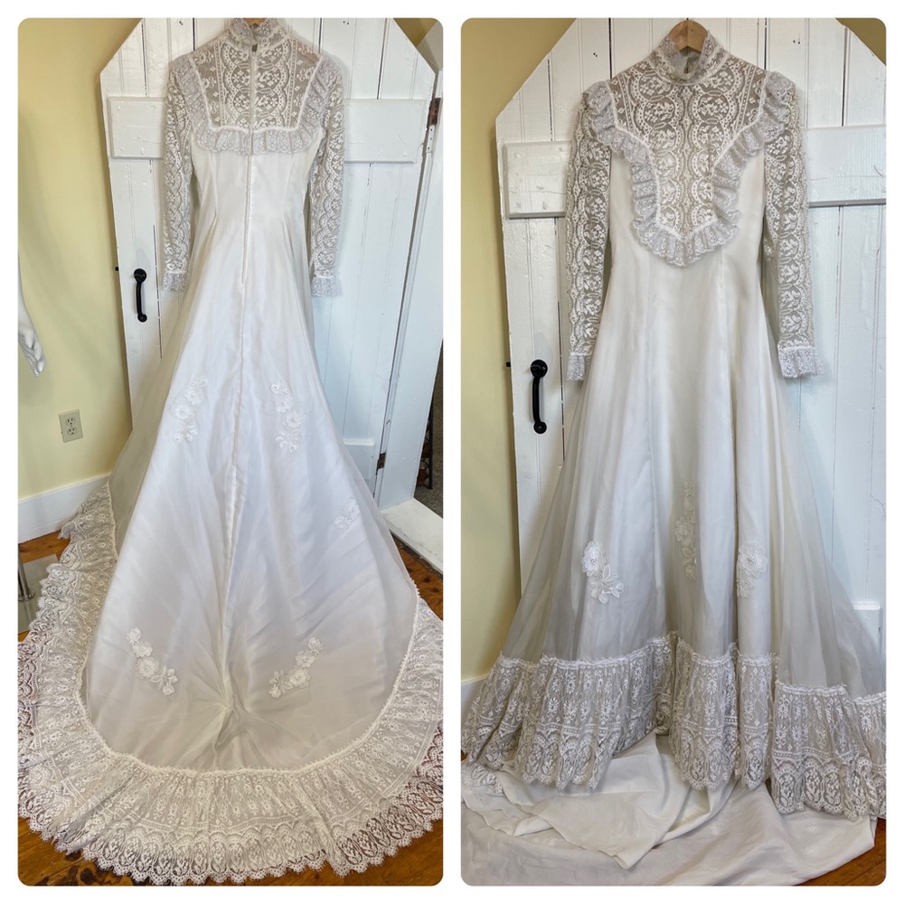 VINTAGE 1970s Wedding Dress: Full Train, Lace Trim, Pearl Embellished - Picture 6 of 17